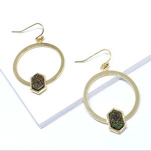 Anthropologie Gold Plated Green Druzy Drop Earrings